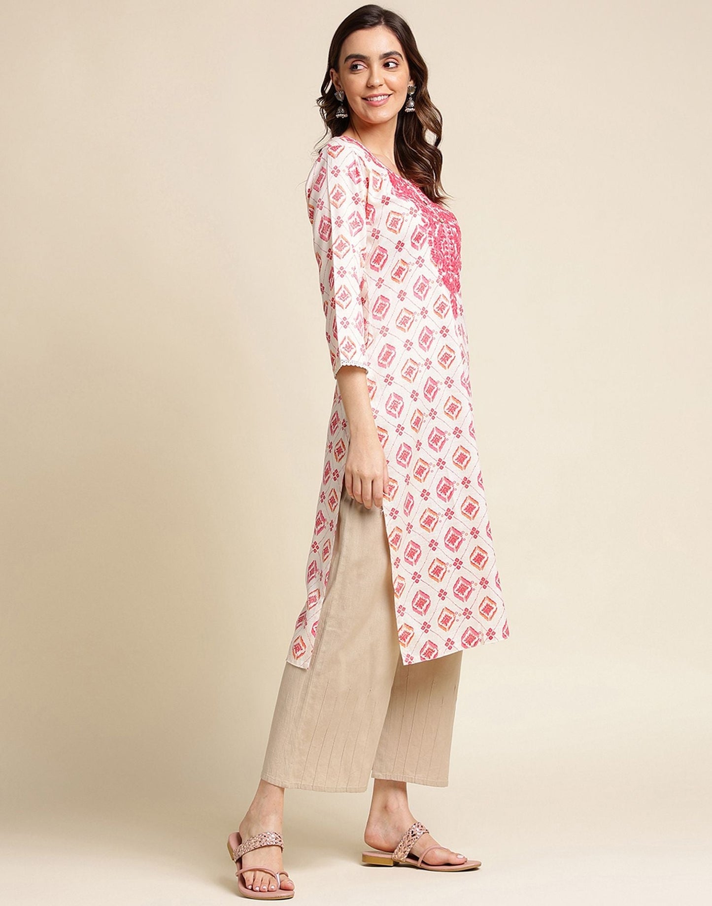 Off White Rayon Printed Straight Kurta