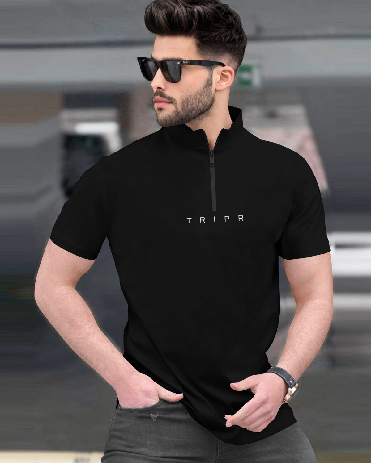 (4 COLORS) Men High Neck Zipper Half Sleeve T-shirt