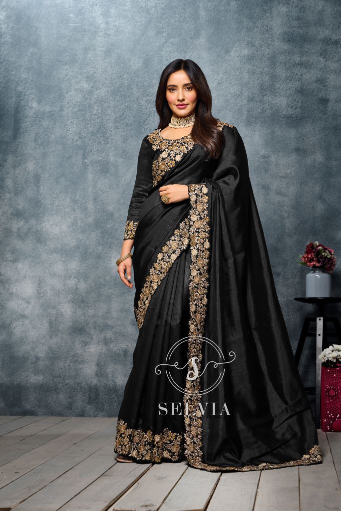 Black Coloured Poly Silk Embroidered Partywear Saree