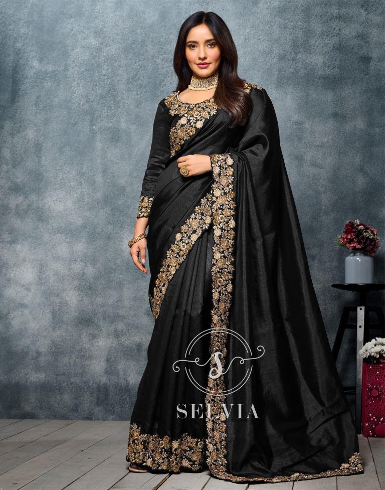 Black Coloured Poly Silk Embroidered Partywear Saree