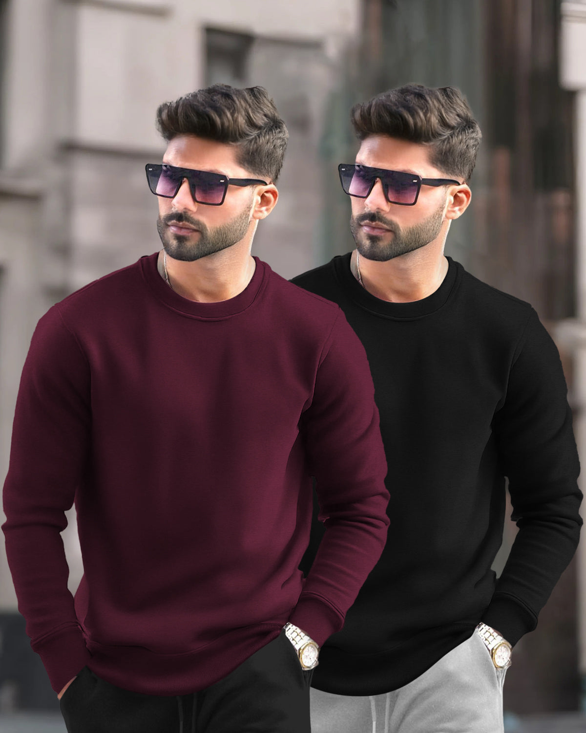 (Pack of 2) Mens Plain Round Neck Sweatshirts - 6 Color Variants