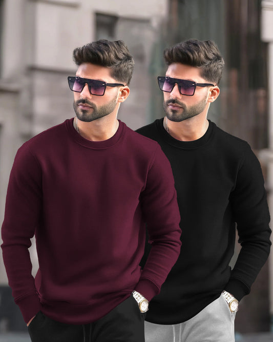 (Pack Of 2) Mens Round Neck Plain Winter Sweatshirts / Maroon & Black