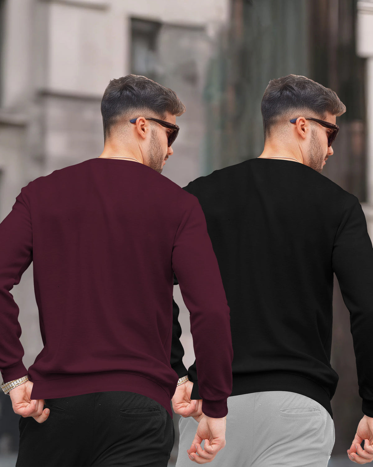 (Pack Of 2) Mens Round Neck Plain Winter Sweatshirts / Maroon & Black