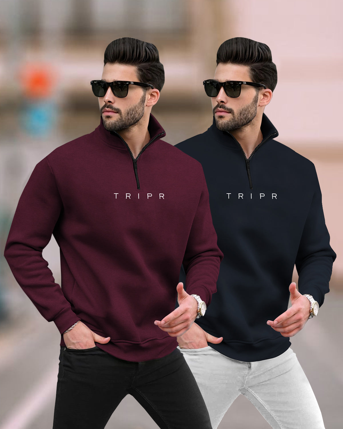 (Pack of 2) Mens Plain High Neck Sweatshirts - 6 Color Variants