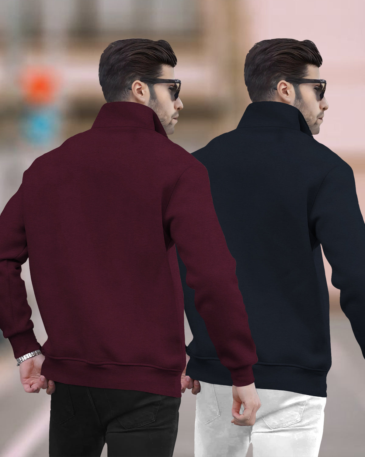 (Pack of 2) Mens Plain High Neck Sweatshirts / Maroon & Navyblue