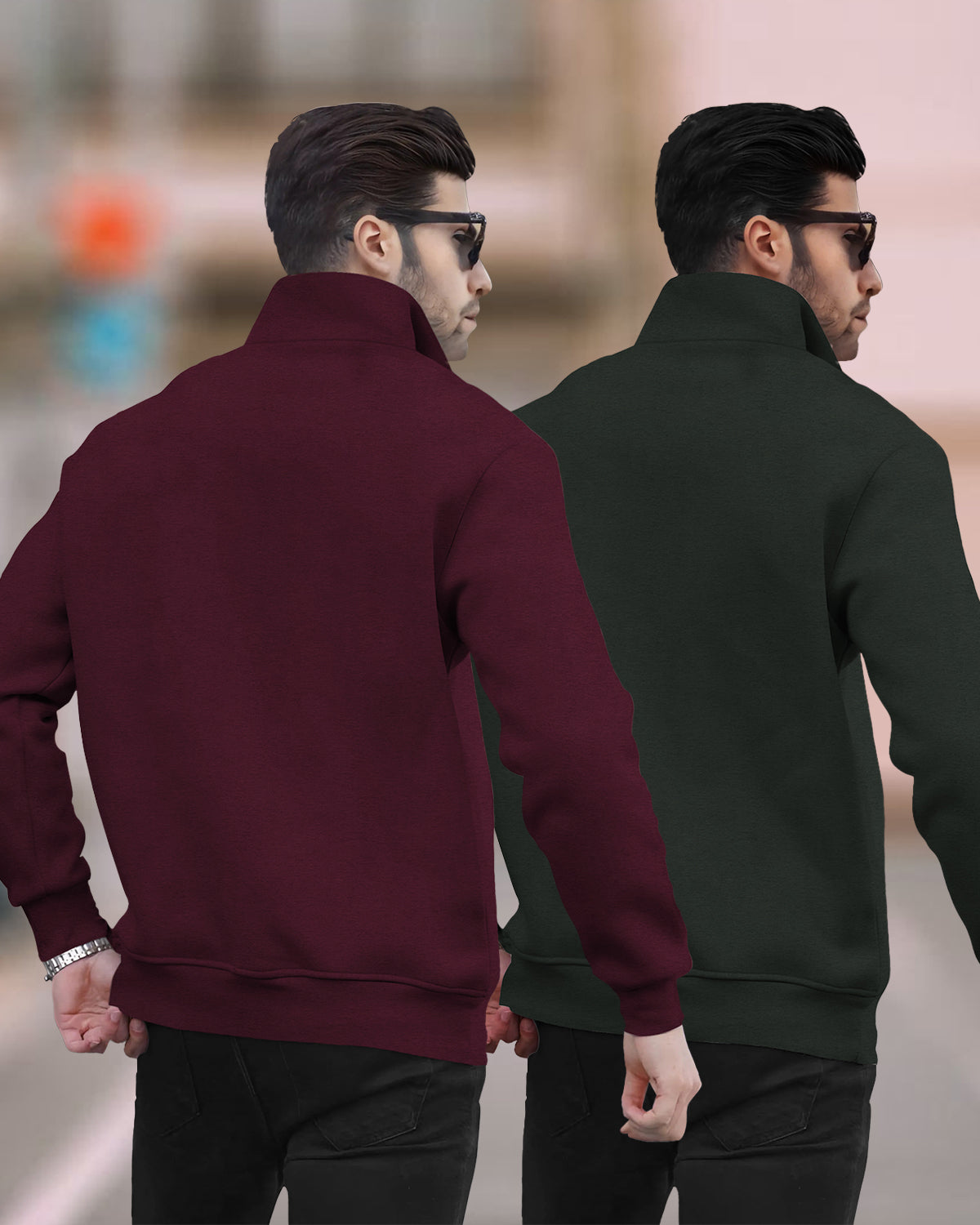 (Pack of 2) Mens Plain High Neck Sweatshirts / Maroon & Olivegreen