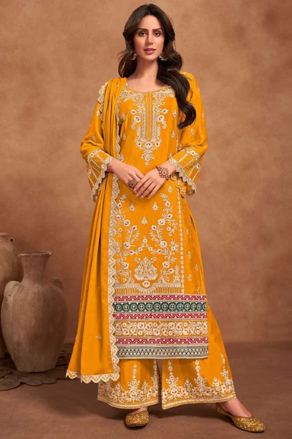 Beautiful Designer Mustard Yellow Pakistani Palazzo Kameez