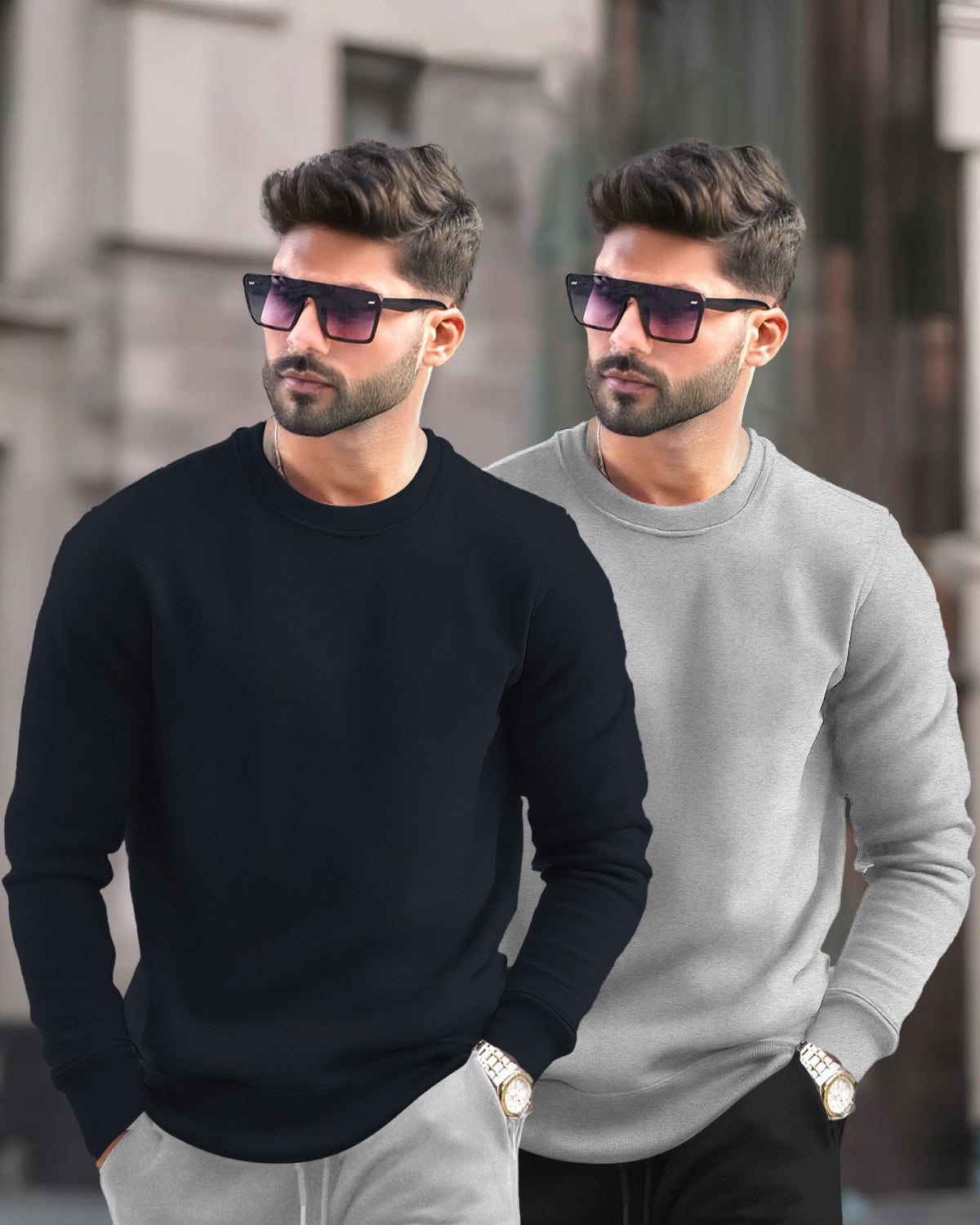 (Pack of 2) Mens Plain Round Neck Sweatshirts - 6 Color Variants