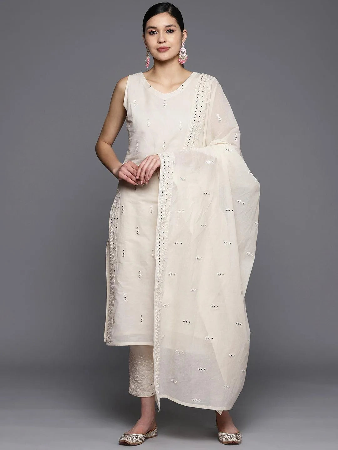 Off-White Embroidered Cotton Straight Kurta With Trousers & Dupatta