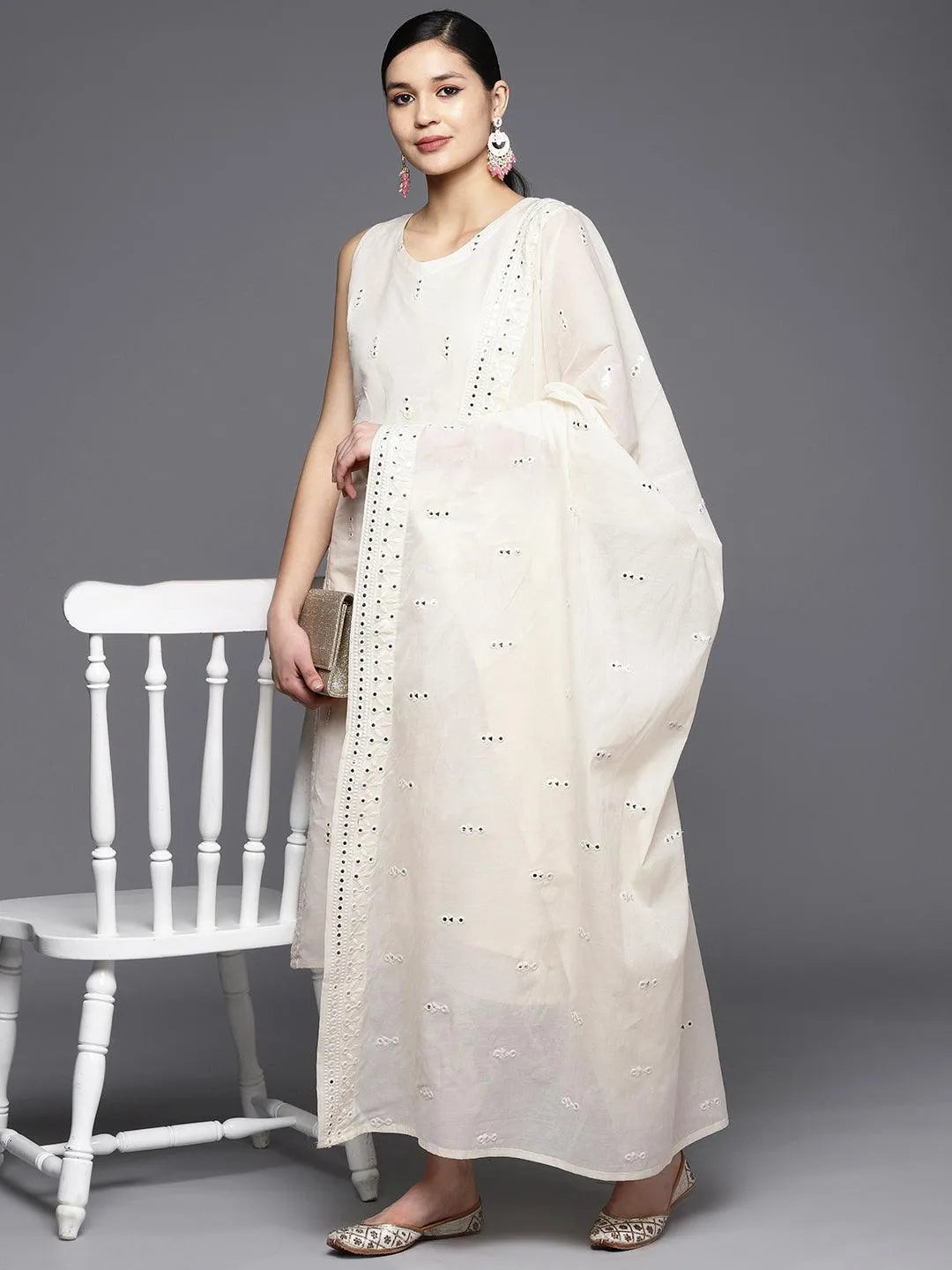 Off-White Embroidered Cotton Straight Kurta With Trousers & Dupatta