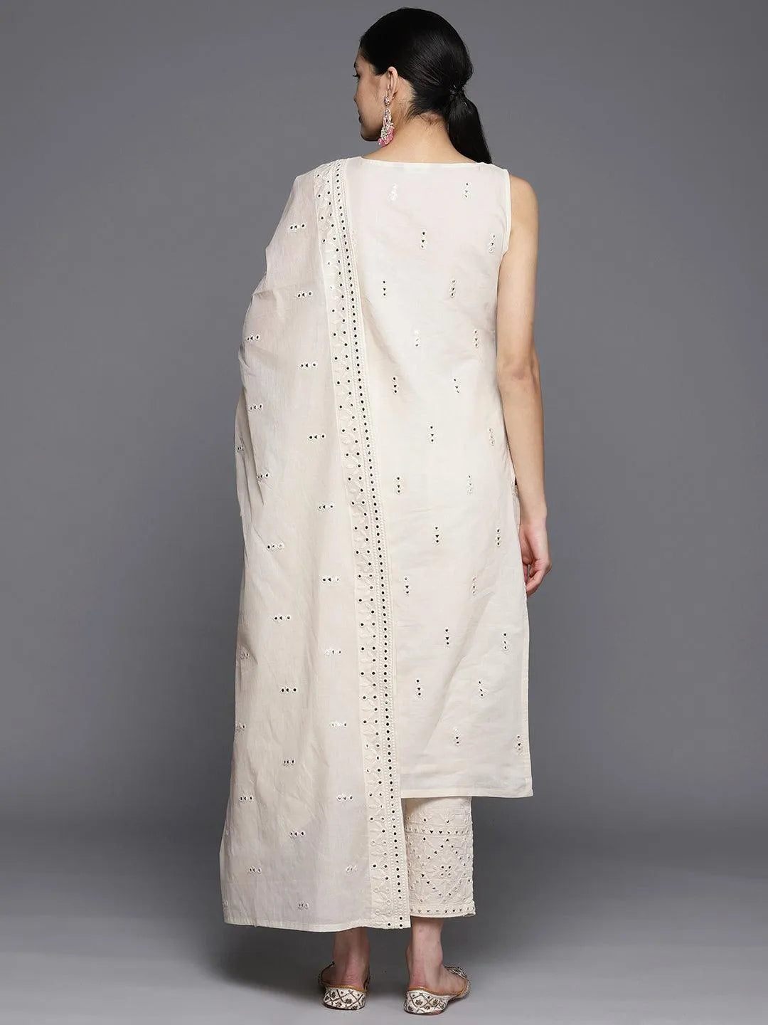 Off-White Embroidered Cotton Straight Kurta With Trousers & Dupatta