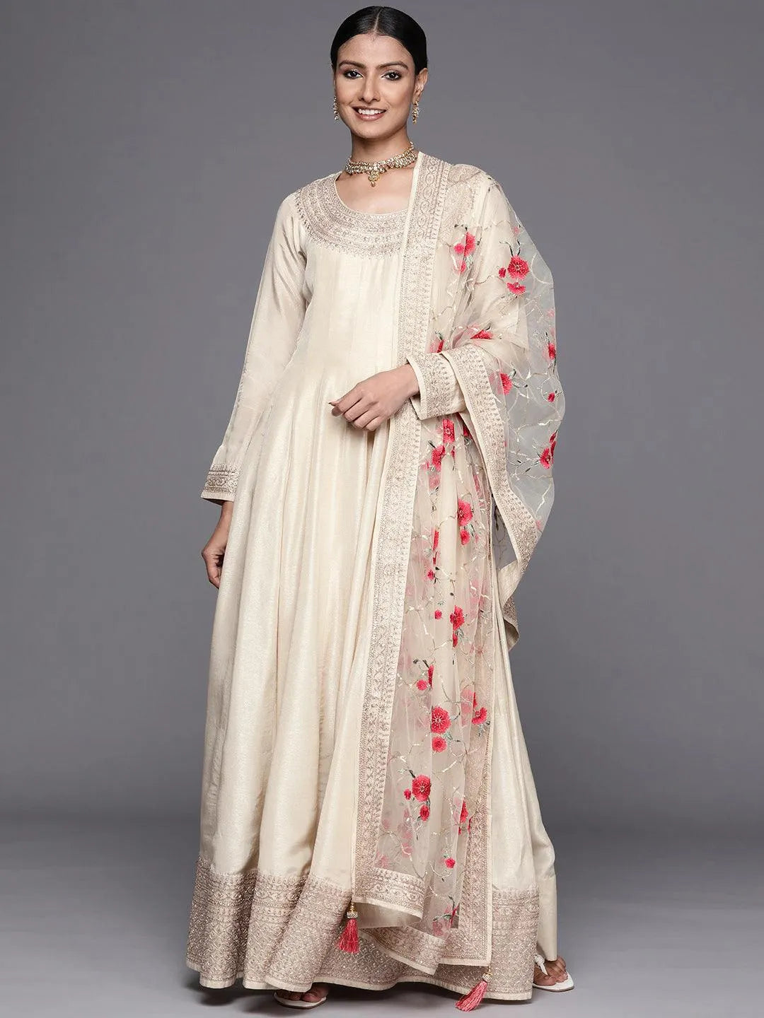 Off-White Embroidered Silk Anarkali Kurta With Trousers & Dupatta