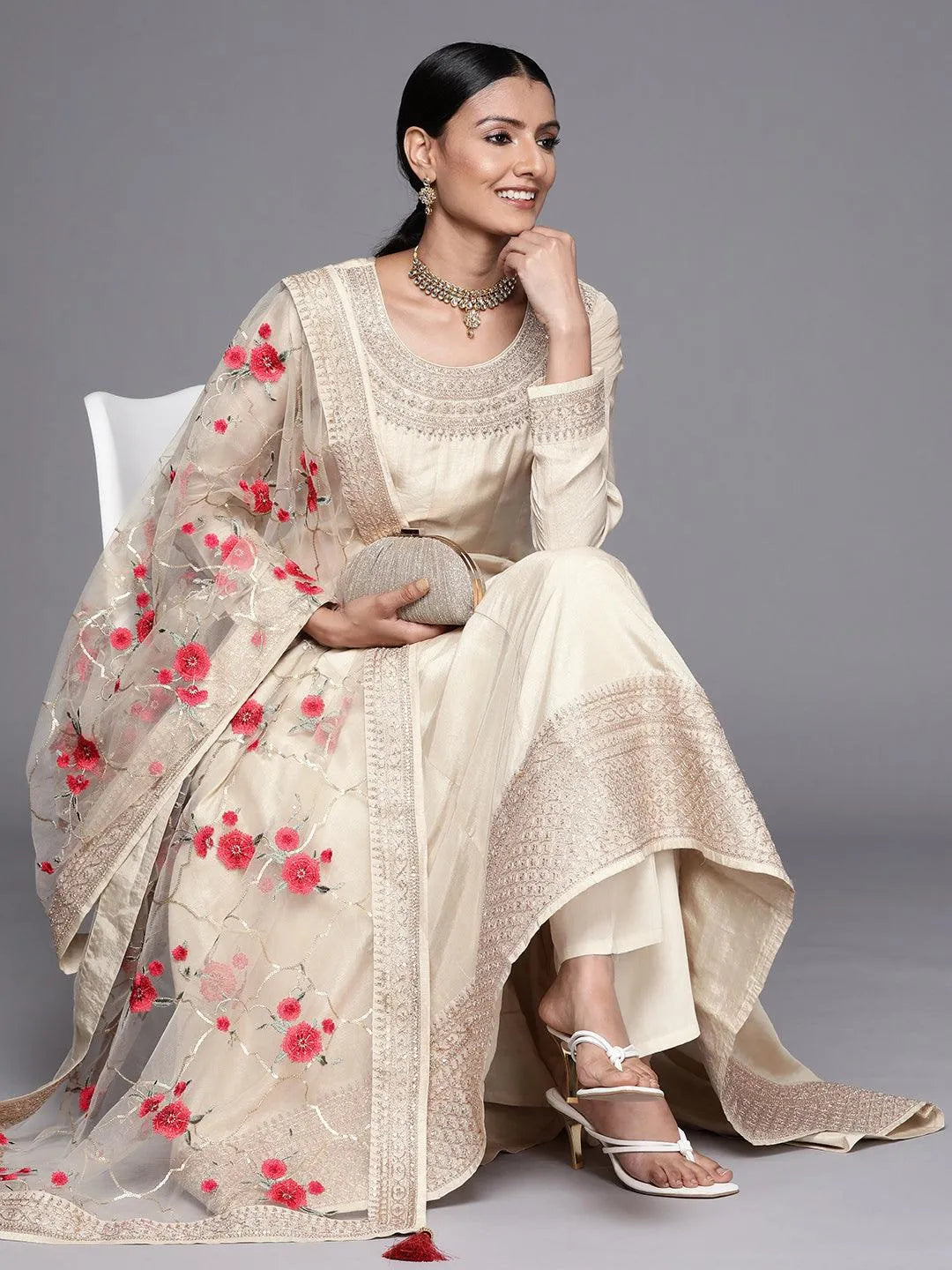 Off-White Embroidered Silk Anarkali Kurta With Trousers & Dupatta