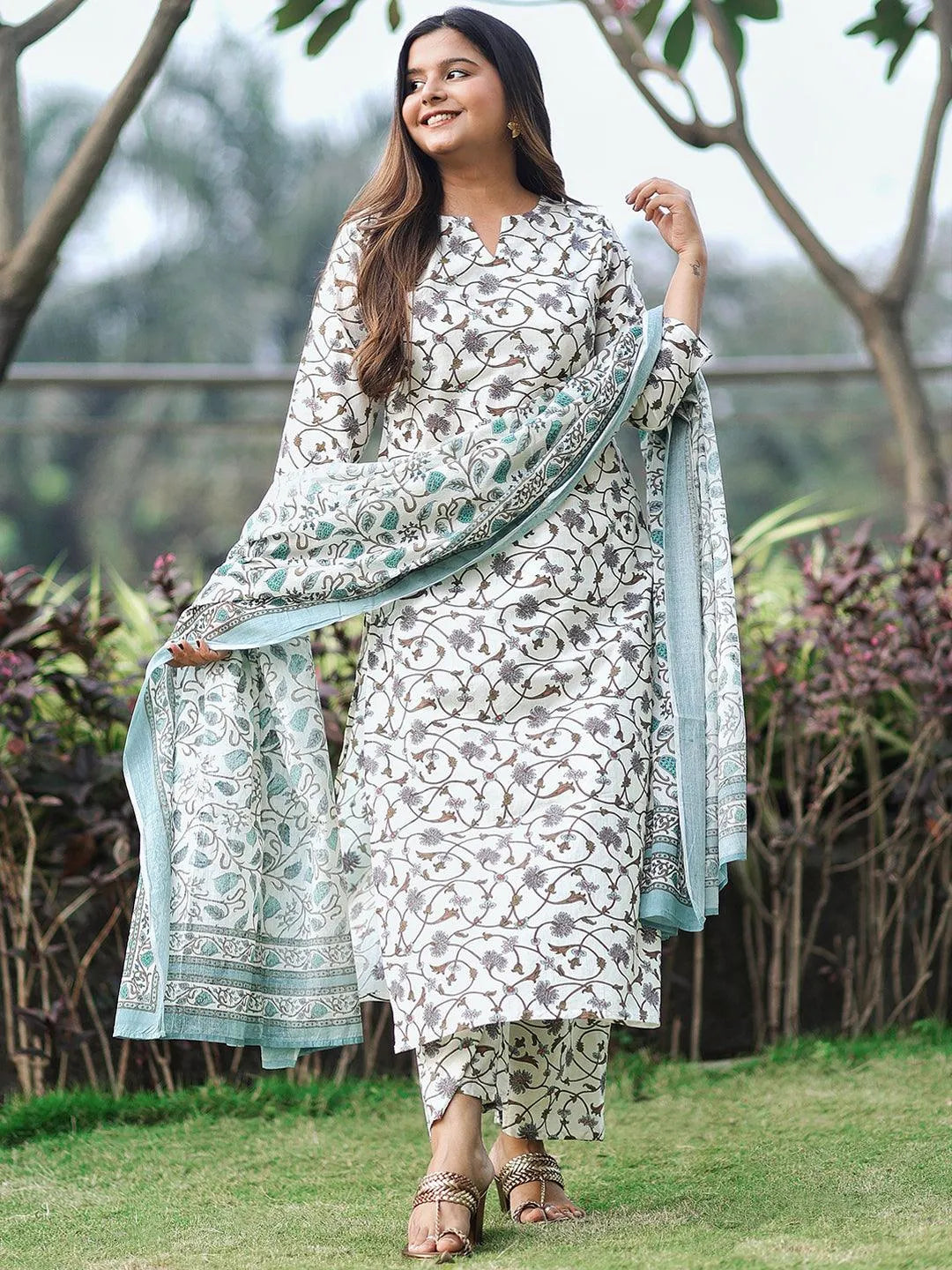 Off-White Printed Cotton Straight Kurta With Palazzos & Dupatta