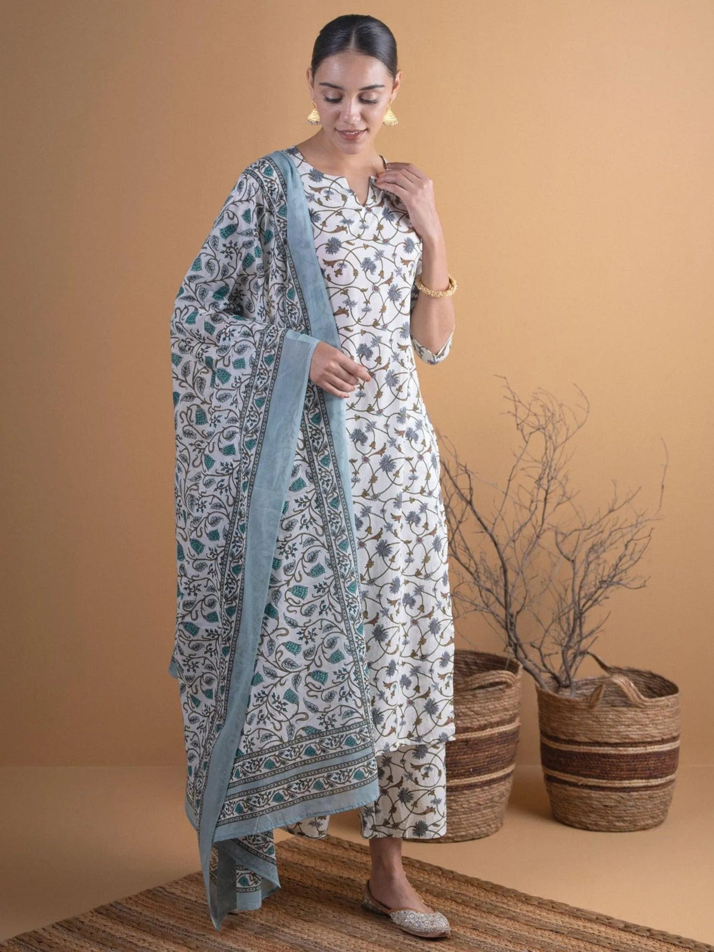 Off-White Printed Cotton Straight Kurta With Palazzos & Dupatta