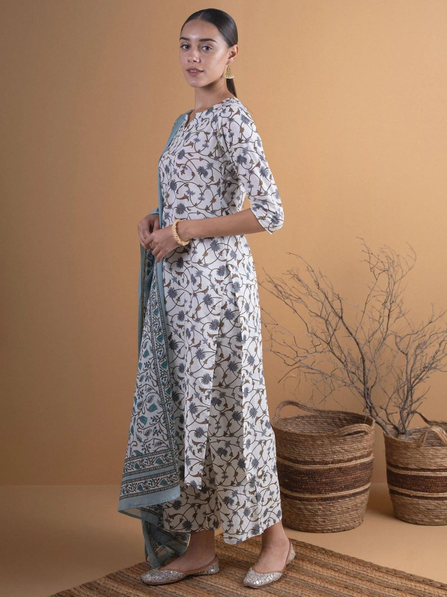 Off-White Printed Cotton Straight Kurta With Palazzos & Dupatta