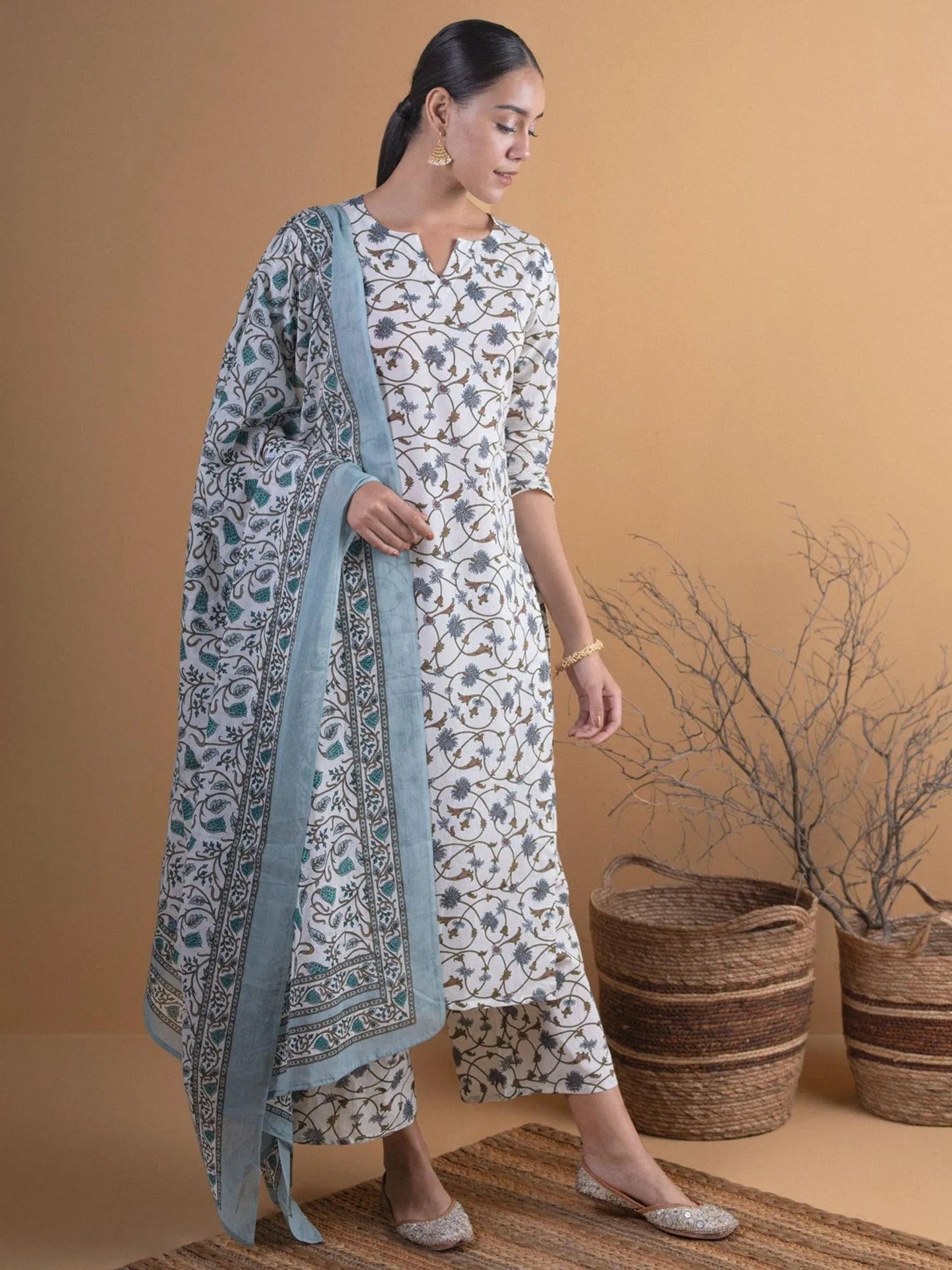 Off-White Printed Cotton Straight Kurta With Palazzos & Dupatta