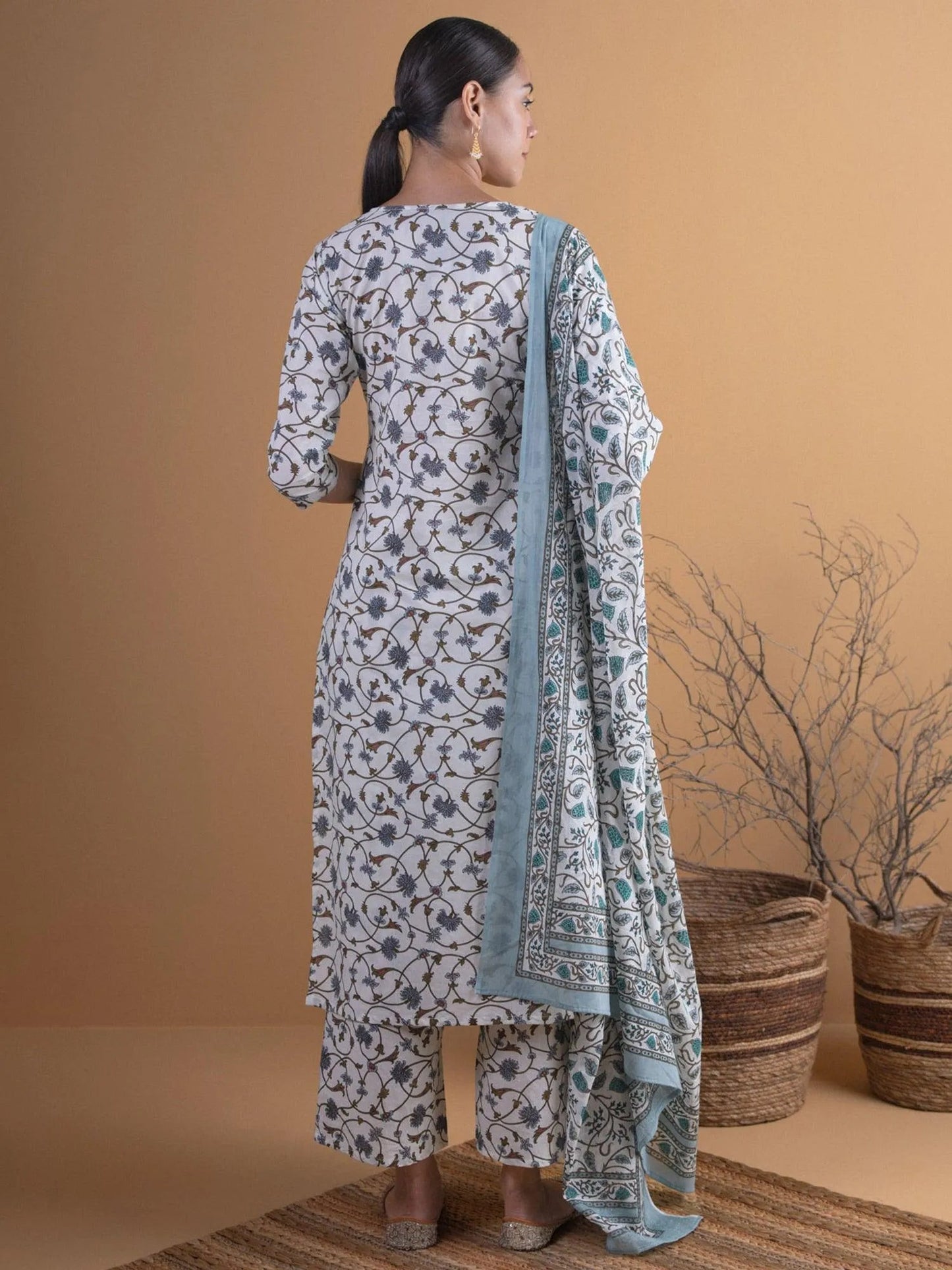 Off-White Printed Cotton Straight Kurta With Palazzos & Dupatta