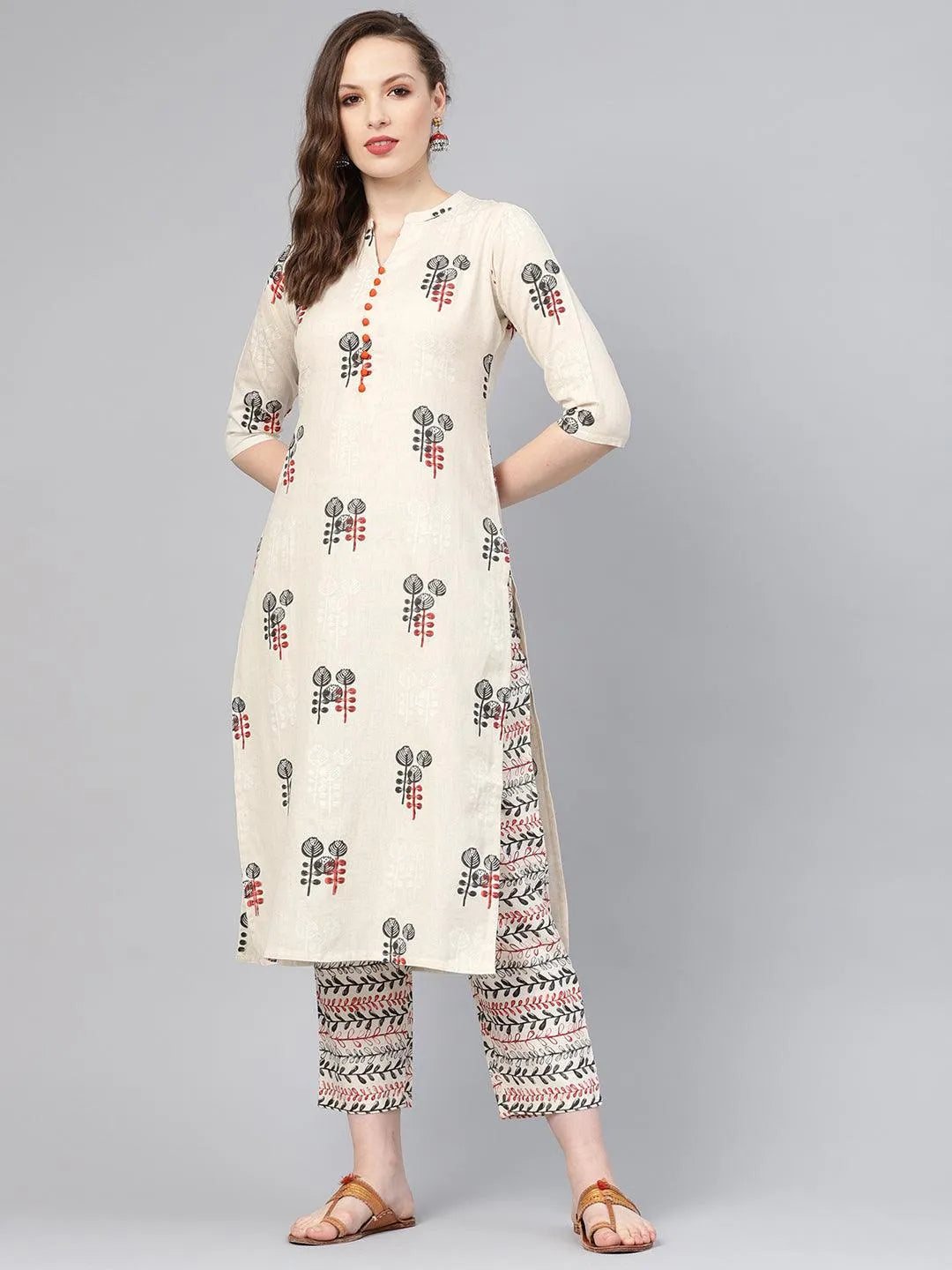 Off-White Printed Cotton Straight Kurta With Trousers