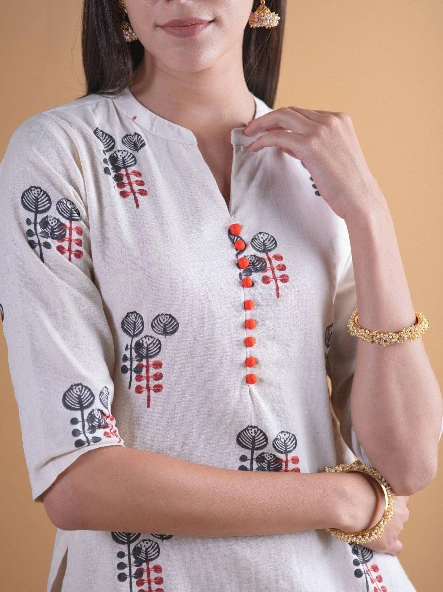 Off-White Printed Cotton Straight Kurta With Trousers