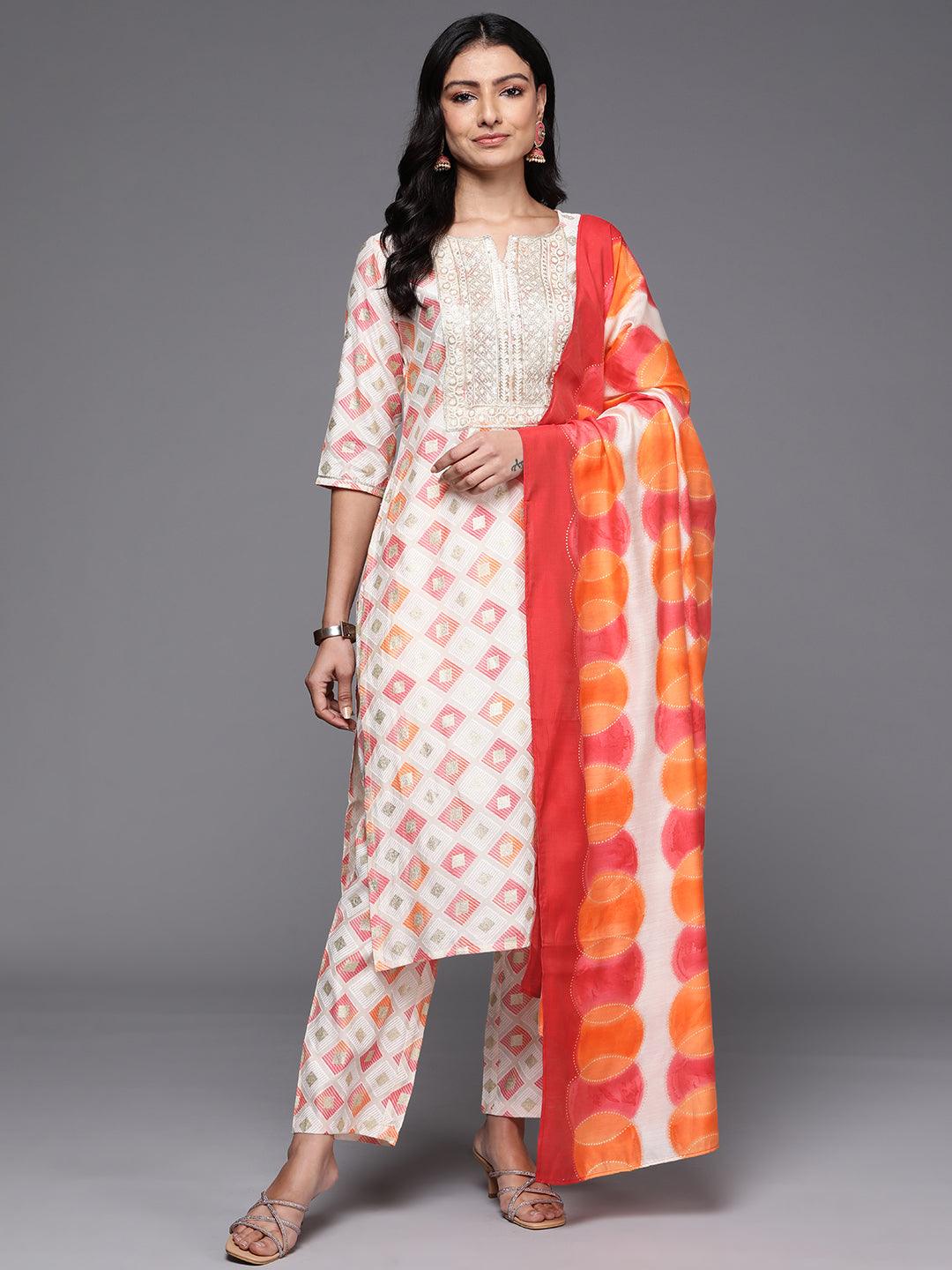 Off White Printed Silk Blend Straight Suit With Dupatta