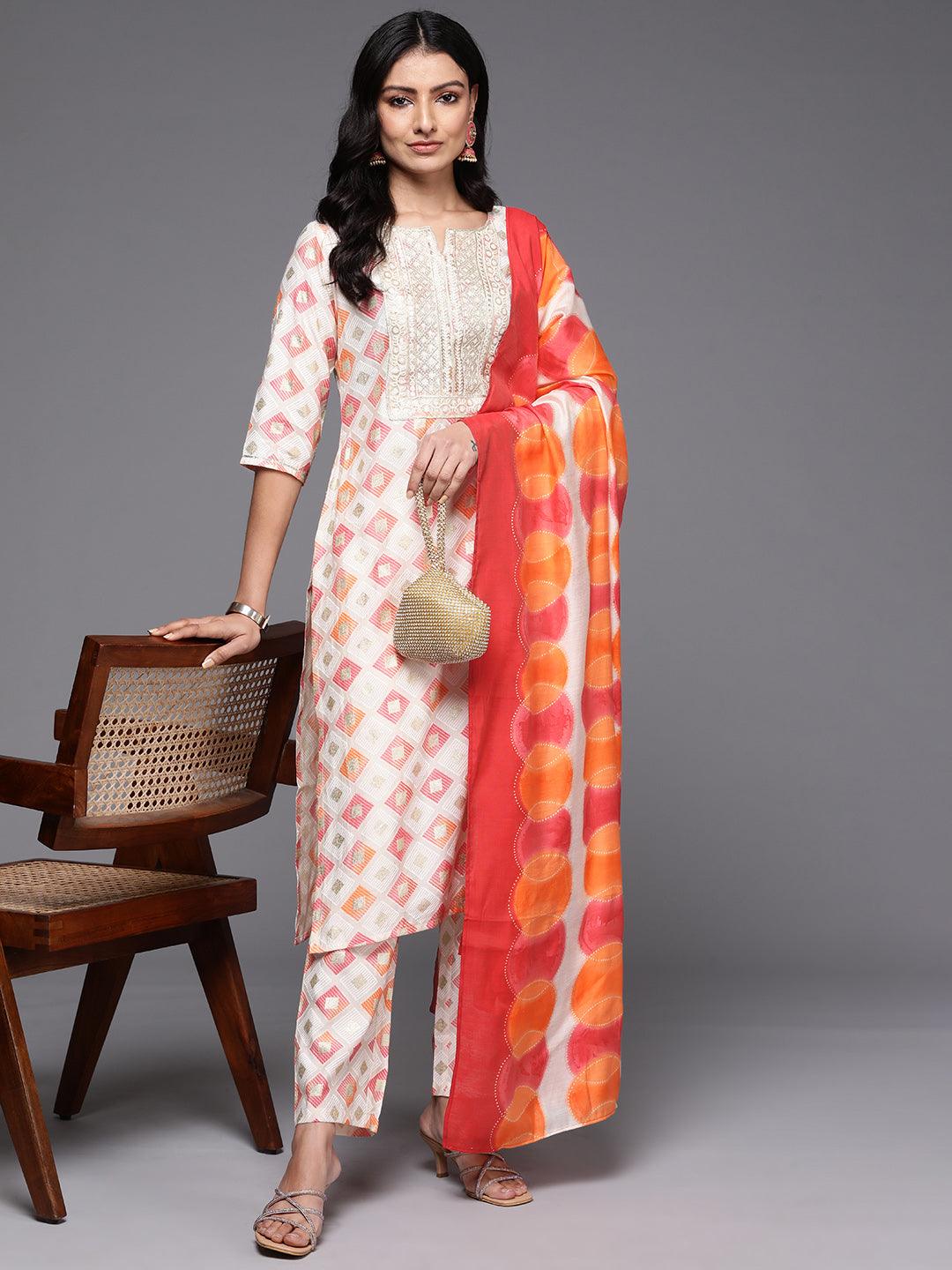 Off White Printed Silk Blend Straight Suit With Dupatta