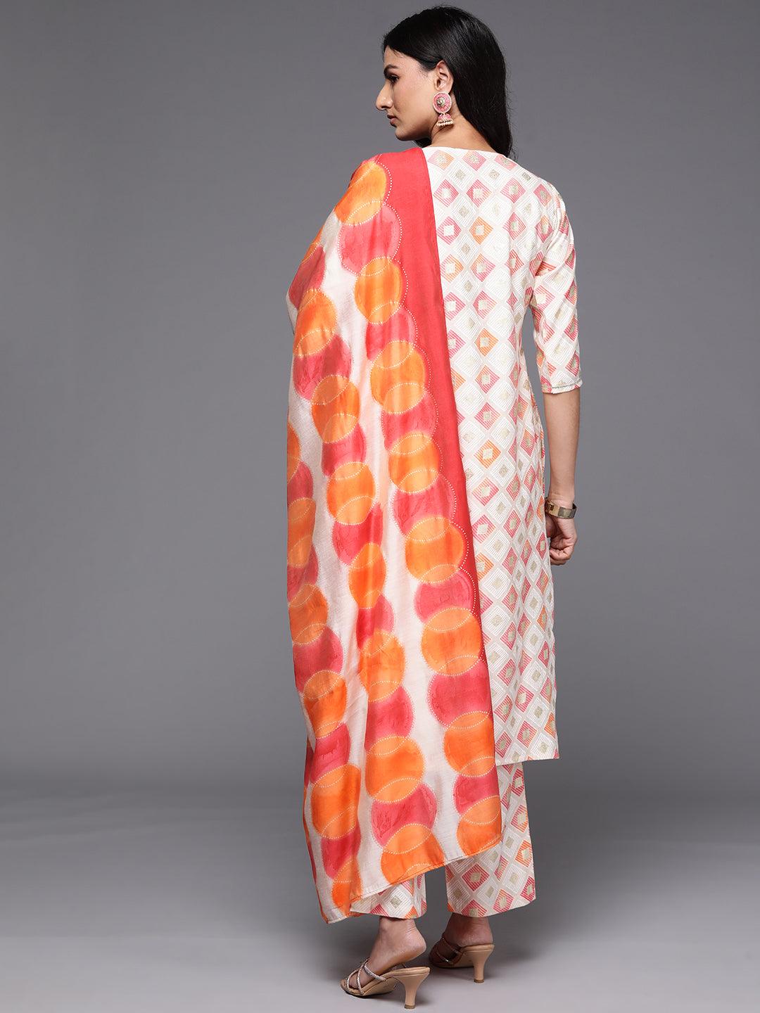 Off White Printed Silk Blend Straight Suit With Dupatta