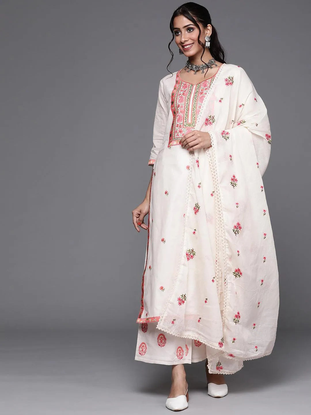 Off-White Yoke Design Cotton Straight Kurta With Palazzos & Dupatta