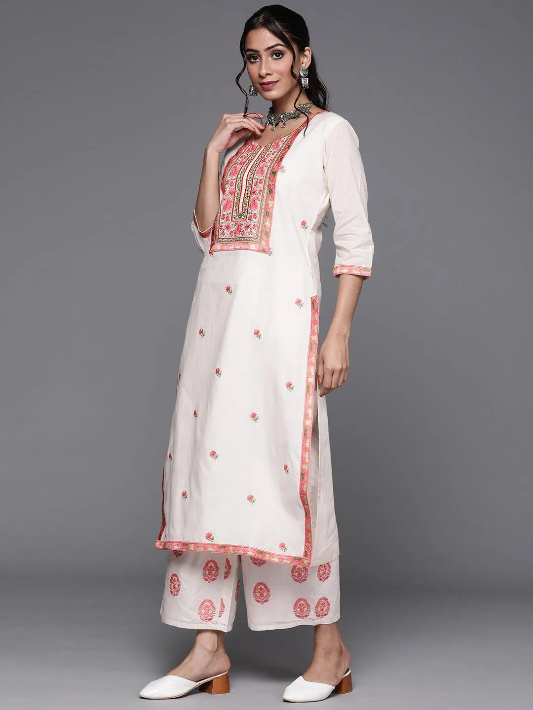 Off-White Yoke Design Cotton Straight Kurta With Palazzos & Dupatta