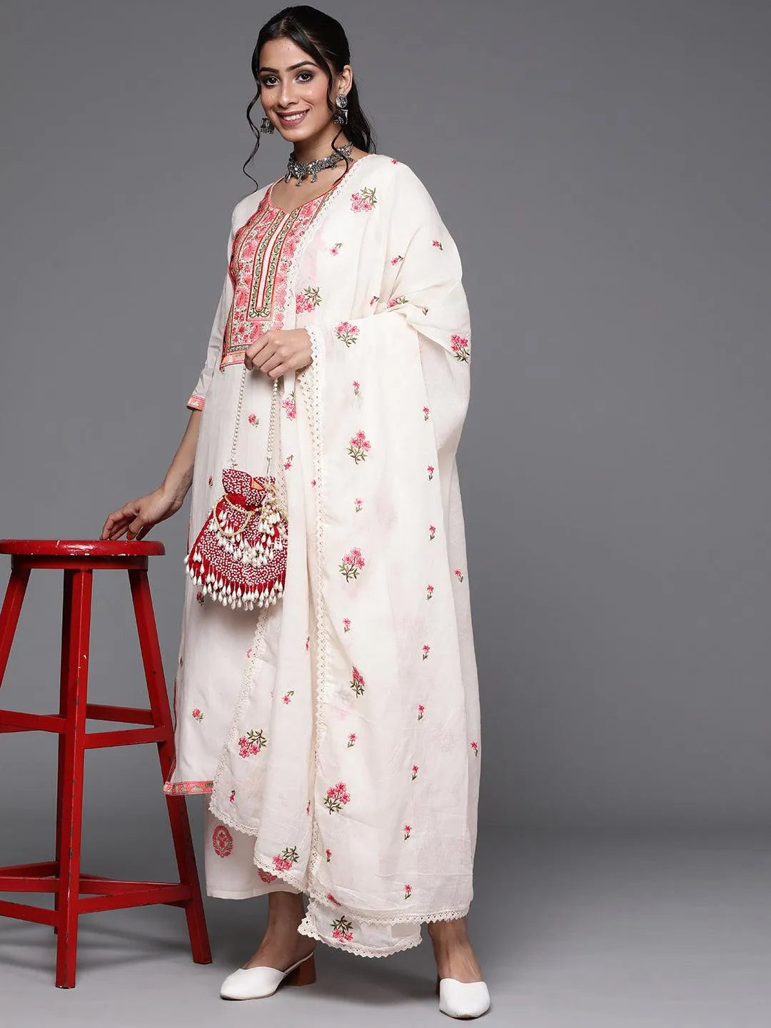 Off-White Yoke Design Cotton Straight Kurta With Palazzos & Dupatta