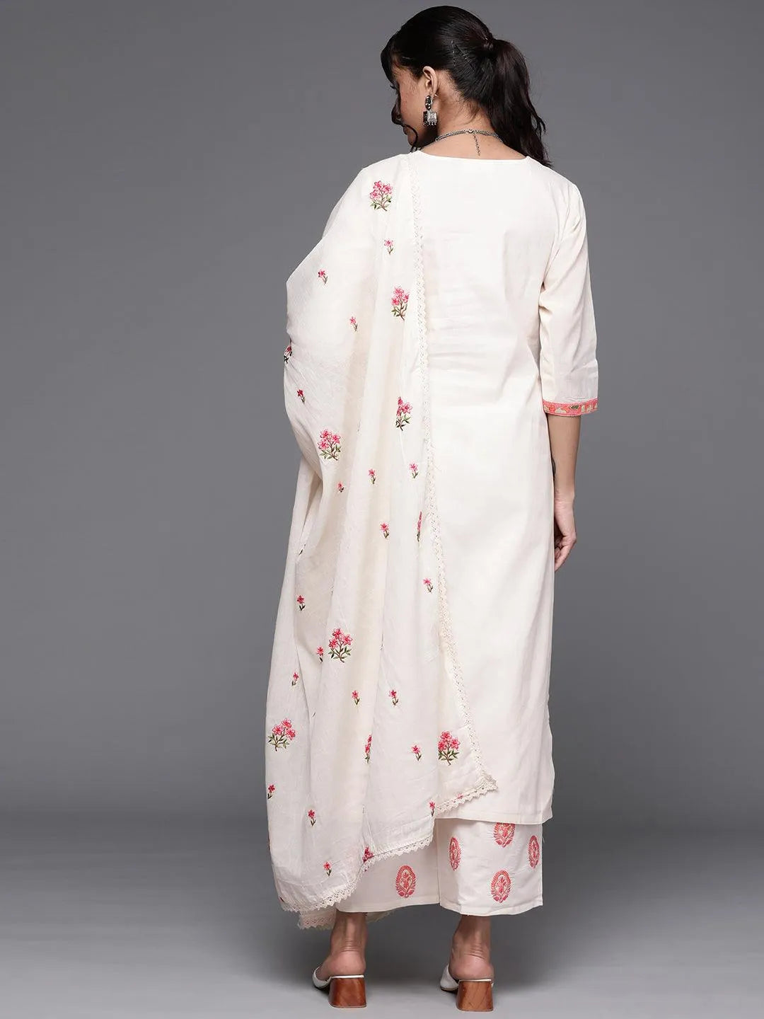 Off-White Yoke Design Cotton Straight Kurta With Palazzos & Dupatta