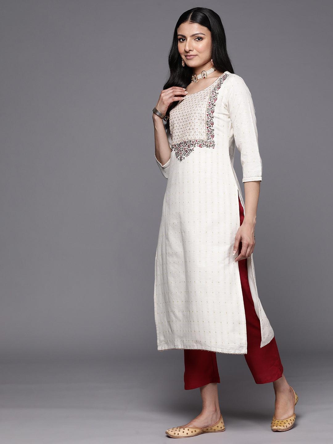 Off-White Yoke Design Cotton Straight Kurta With Trousers & Dupatta