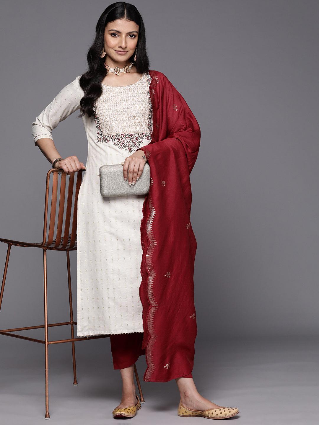 Off-White Yoke Design Cotton Straight Kurta With Trousers & Dupatta