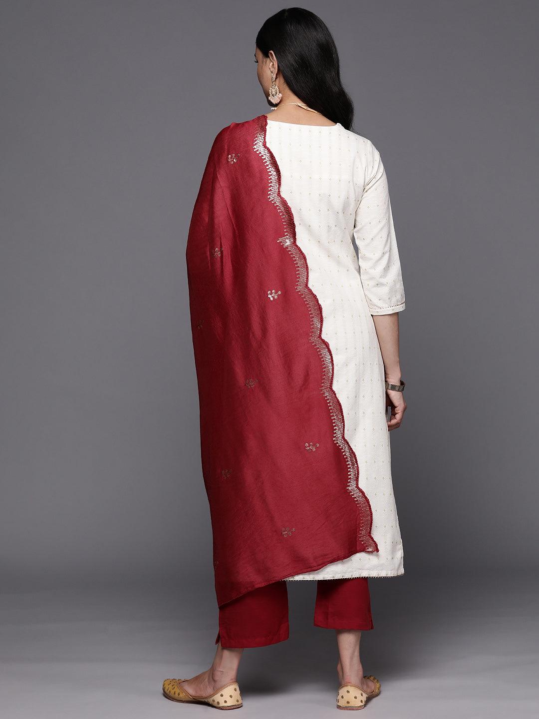 Off-White Yoke Design Cotton Straight Kurta With Trousers & Dupatta