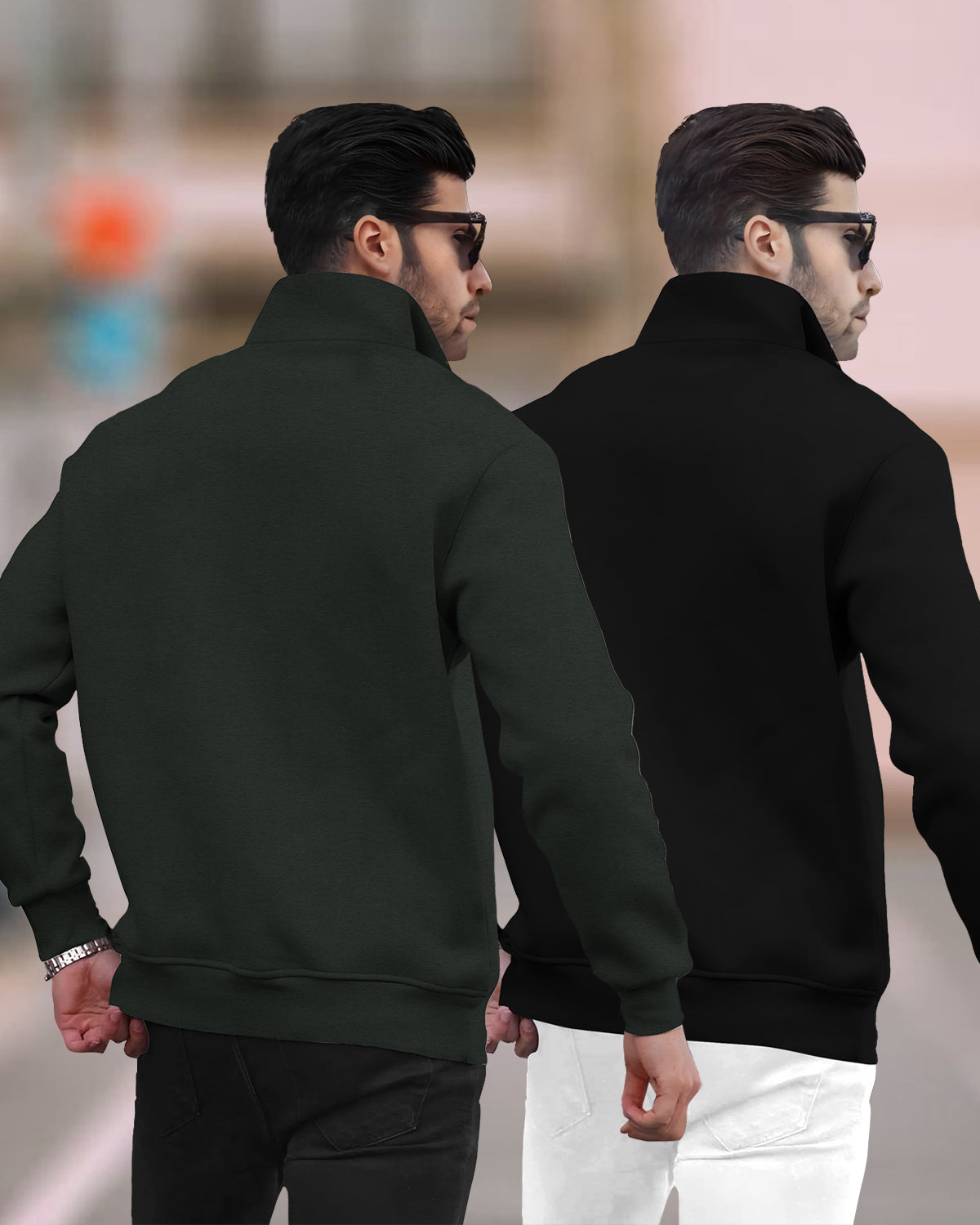 (Pack of 2) Mens Plain High Neck Sweatshirts / Olivegreen & Black