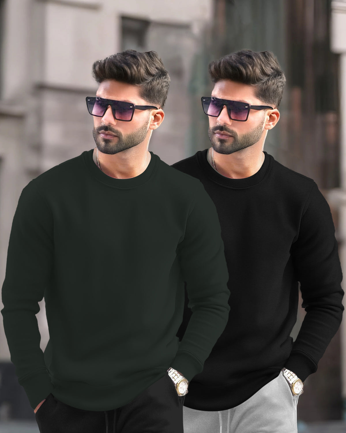 (Pack of 2) Mens Plain Round Neck Sweatshirts - 6 Color Variants