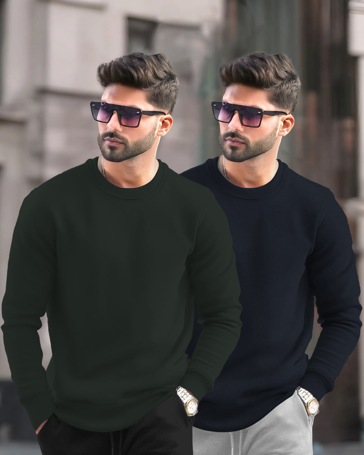 (Pack Of 2) Mens Round Neck Plain Winter Sweatshirts / Olivegreen & Navyblue