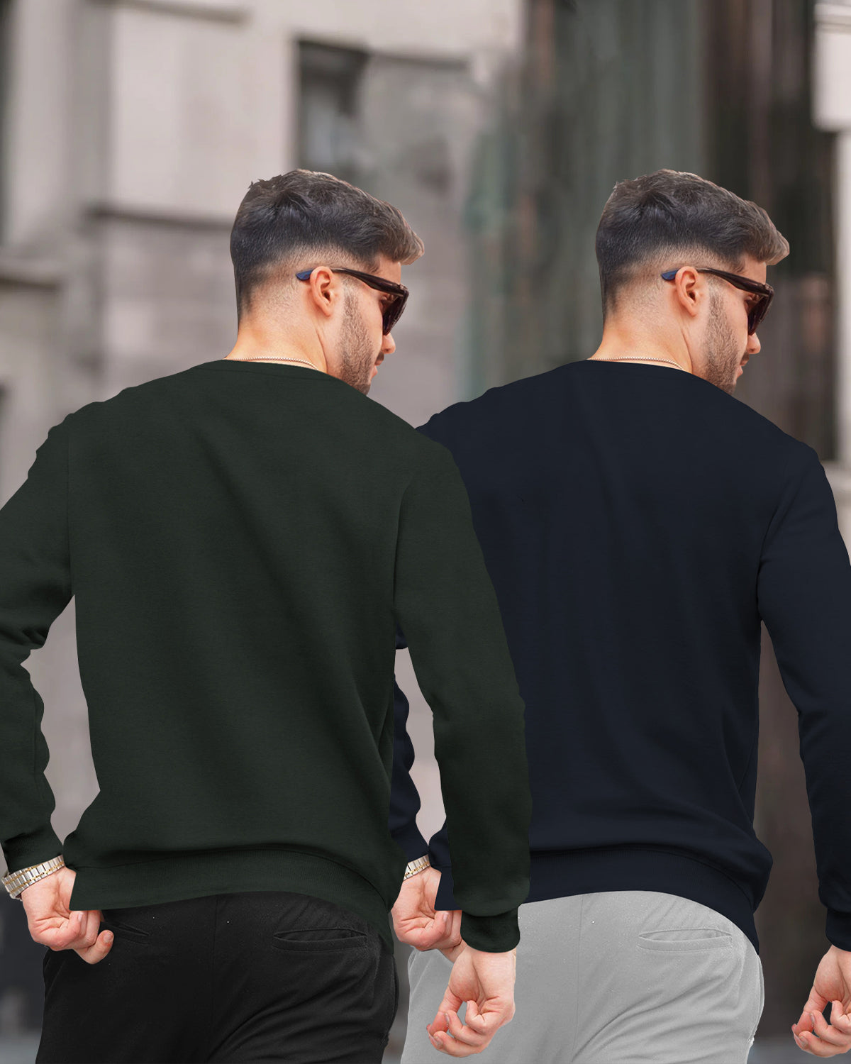 (Pack Of 2) Mens Round Neck Plain Winter Sweatshirts / Olivegreen & Navyblue