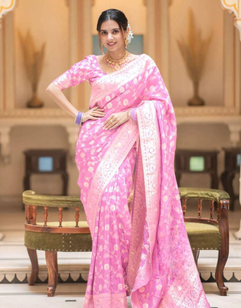 Hot Pink Banarasi Silk Saree With Zari Weaving Work