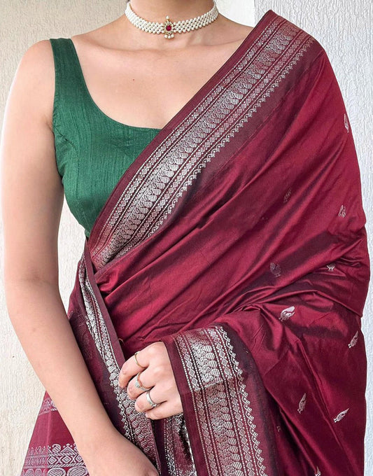 Maroon Banarasi Silk Saree With Zari Weaving Work