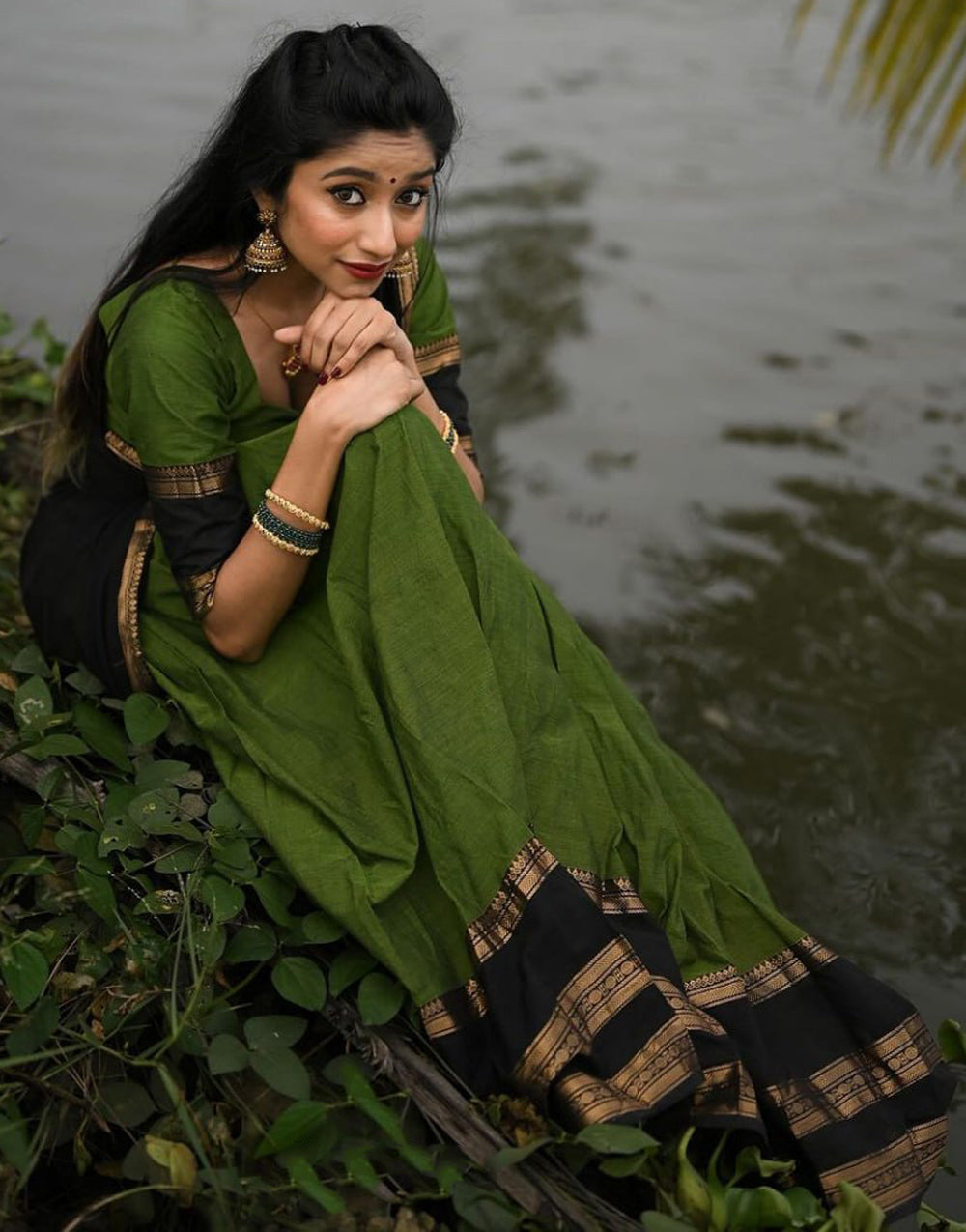 Green & Black Silk With Zari Weaving Lehenga Choli