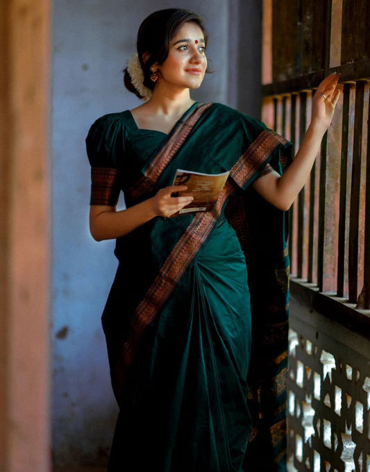 Dark Green Banarasi Silk Saree With Zari Weaving Work