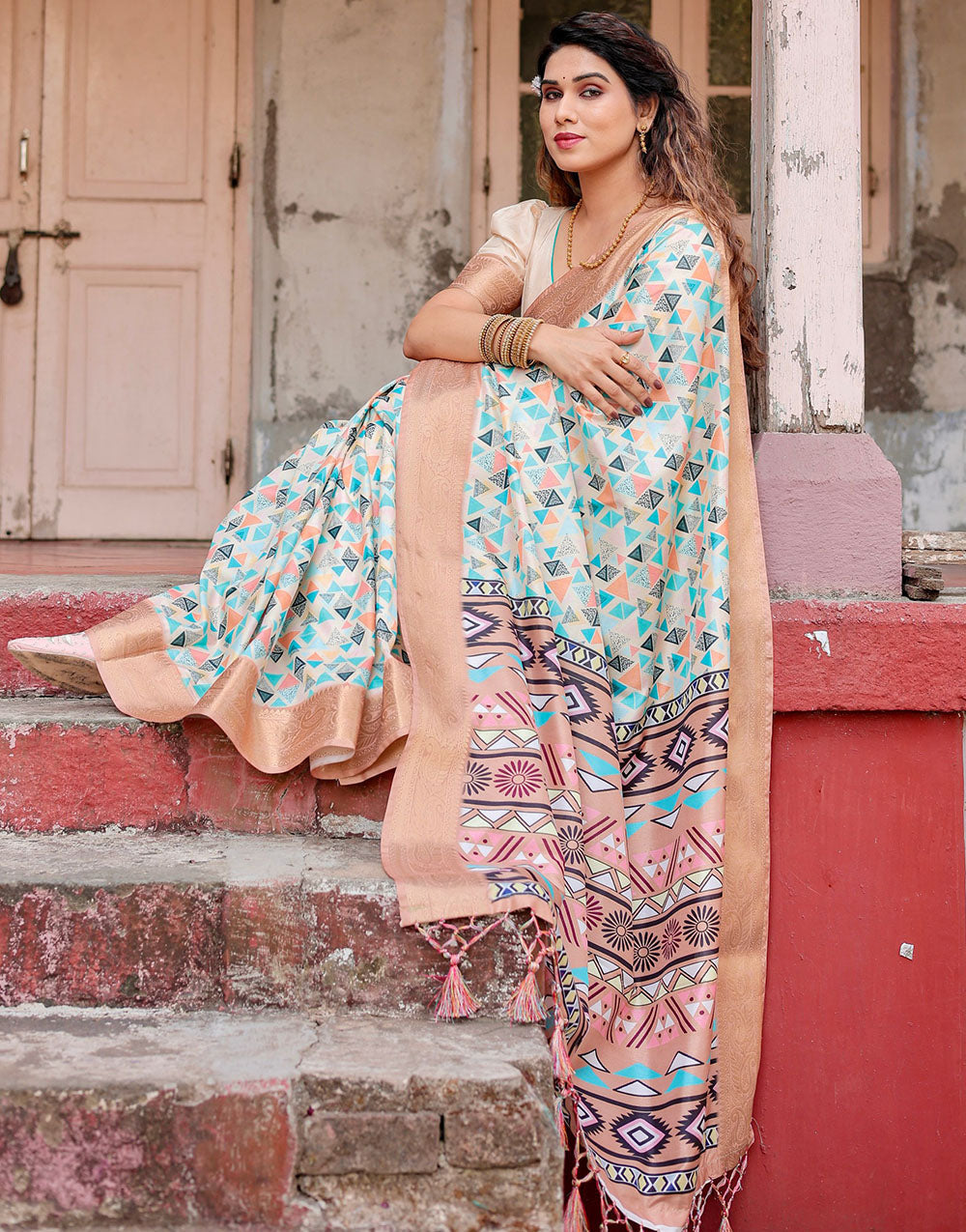 Beige & Arctic Blue Silk Saree With Digital Printed Work