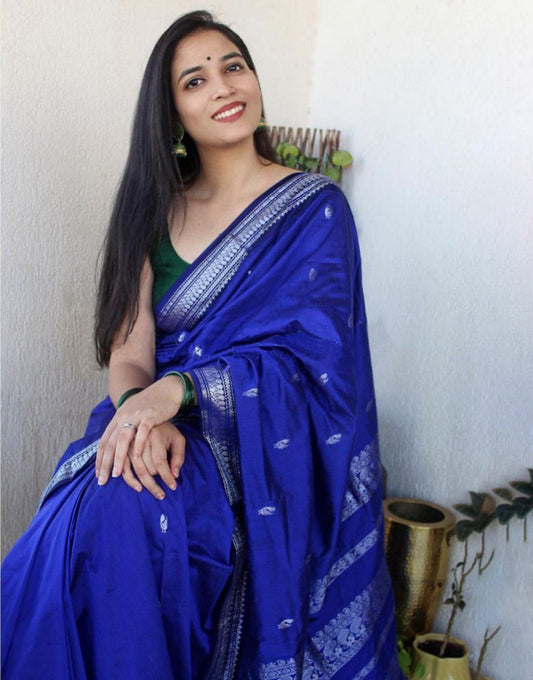 Navy Blue Banarasi Silk Saree With Zari Weaving Work