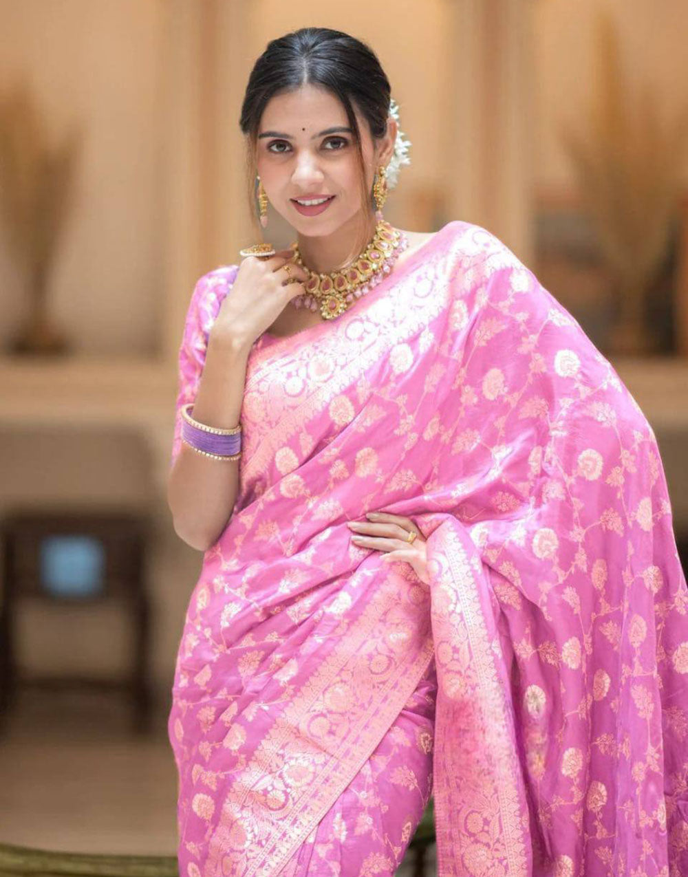 Hot Pink Banarasi Silk Saree With Zari Weaving Work