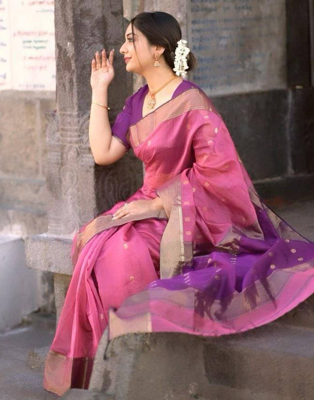 Bright Purple Soft Linen Silk Saree With Zari Weaving Work