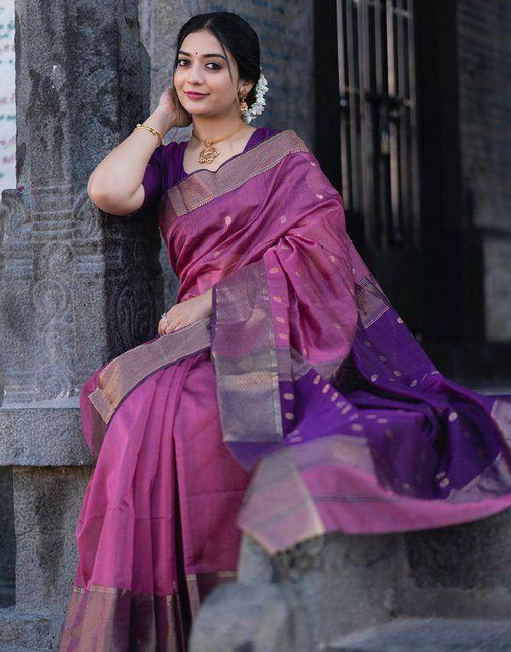 Bright Purple Soft Linen Silk Saree With Zari Weaving Work