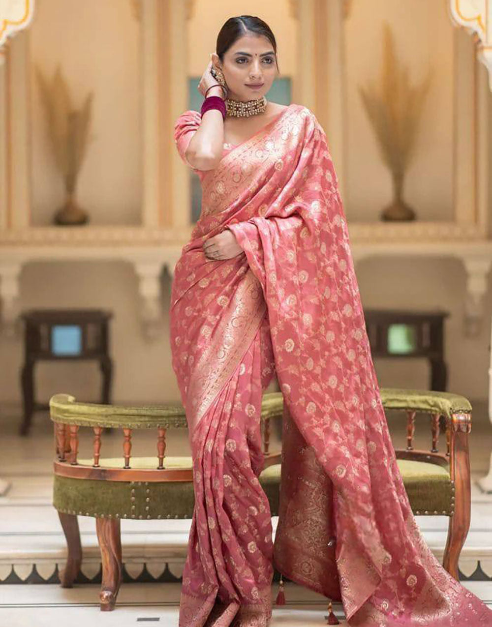 Dark Peach Banarasi Silk Saree With Zari Weaving Work