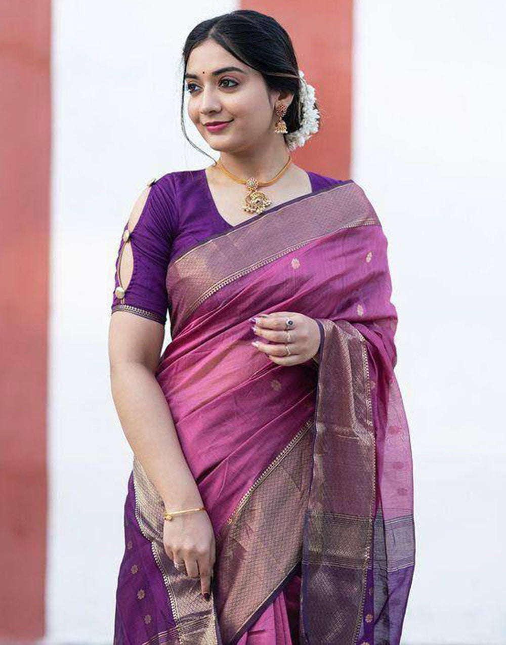 Bright Purple Soft Linen Silk Saree With Zari Weaving Work