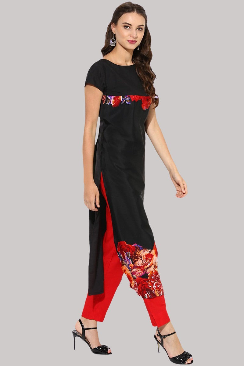 Black Crepe Floral Printed Straight Kurta PK1310